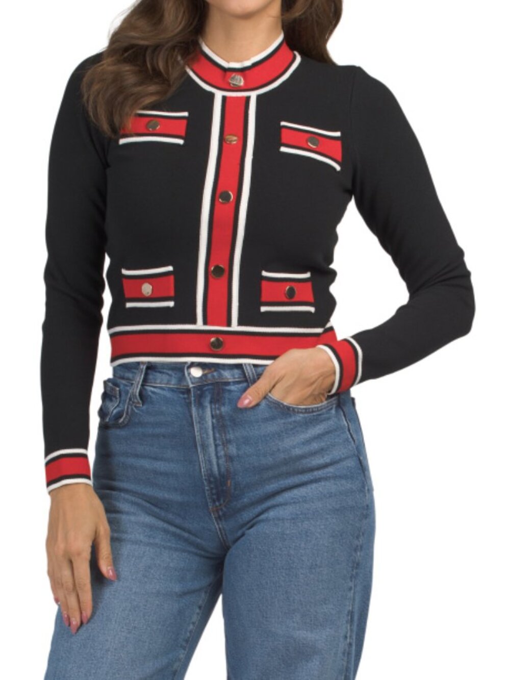 ALEXIA ADMOR Kiley Fully Fashion Knit Long Sleeve Faux Button Down Sweater